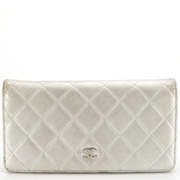 CHANEL L-Yen Long Flap Wallet in Silver Quilted Lambskin Leather - GUC - Picture 1 of 10